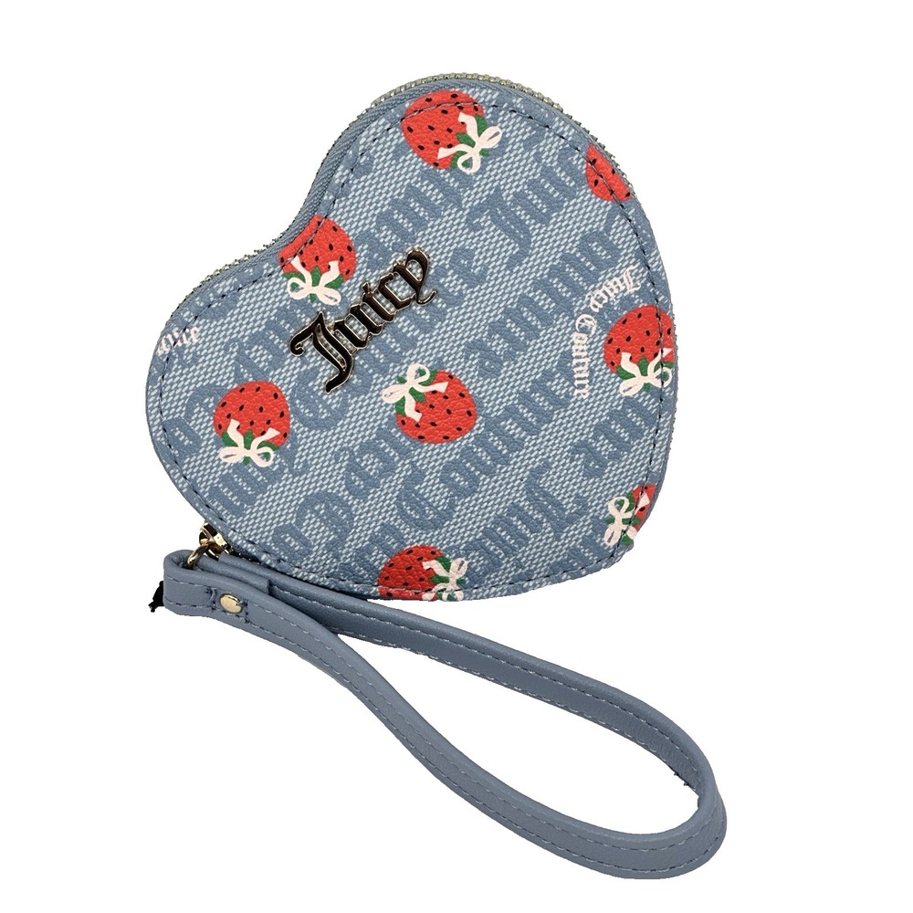 Juicy Couture Strawberry Heart Coin Purse Wallet Dusty Blue Wristlet NWT